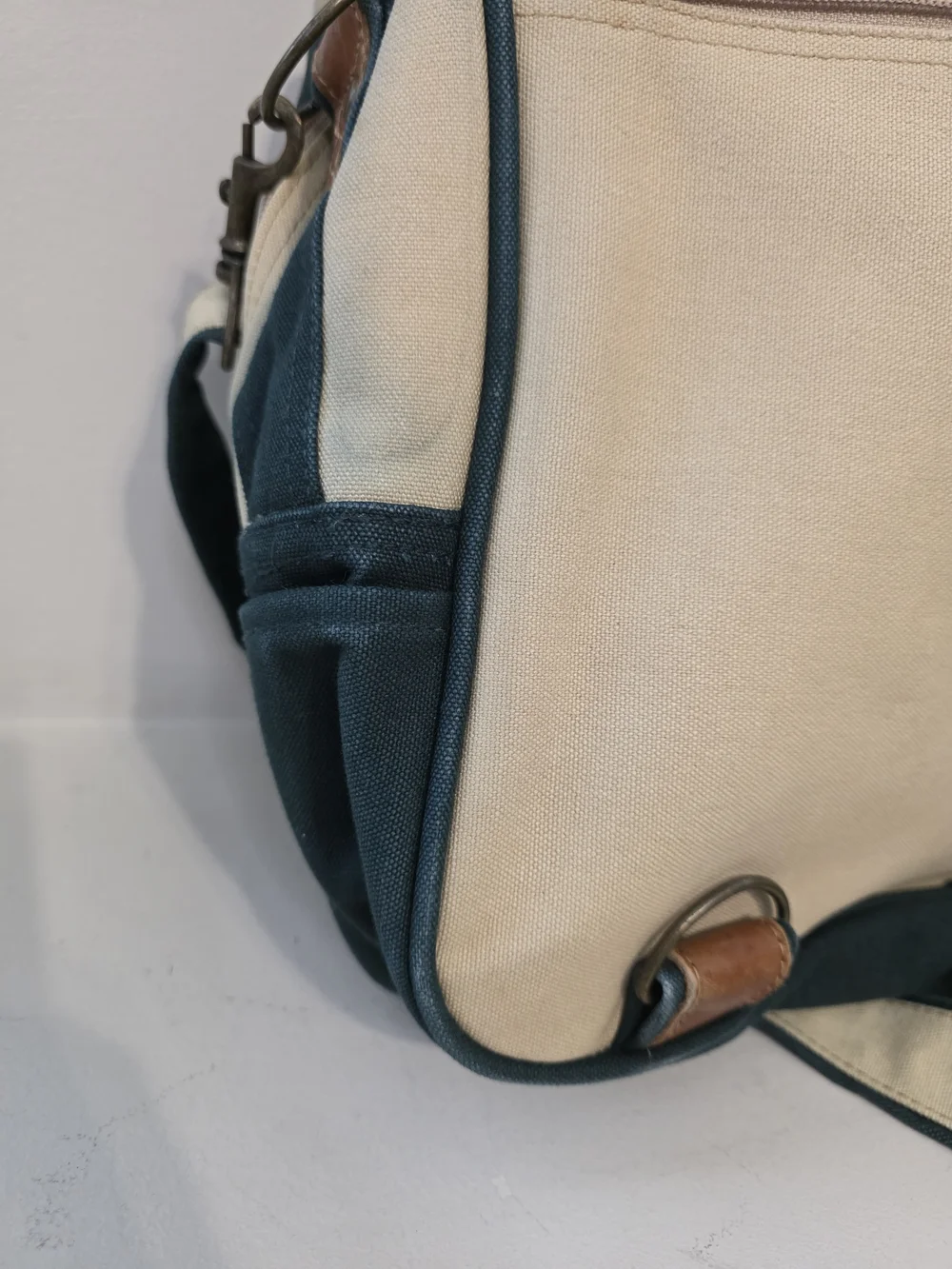 Dark Green Canvas Messenger Bag with Cream Trim